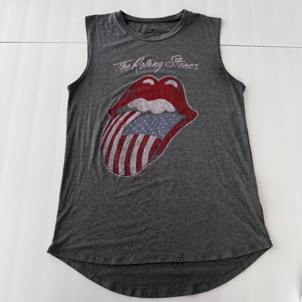The Rolling Stones American Flag Tongue Muscle Tank Top Gray Womens Large